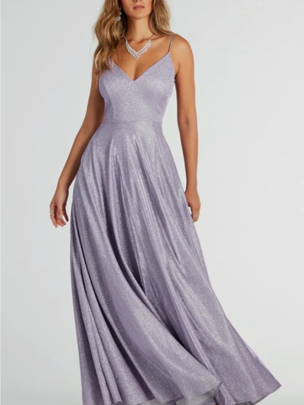 Windsor Lavender Shimmer V-Neck Spaghetti-Strap Gown